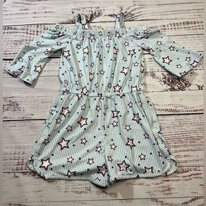 Girls off shoulder Stars and Stripes romper blue white pink size small 7/8